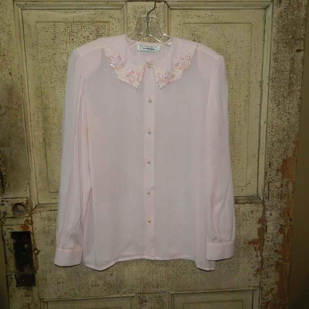 Vintage Charlotte VanHorne Beaded Collar Pearl Buttons Blouse Size 12 (CC-47)